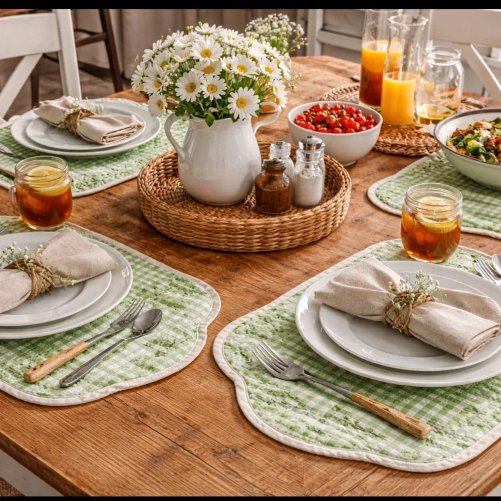 4 Vintage Embroidered Gingham Placemats 1970s Quilted Scalloped. Green/White EUC